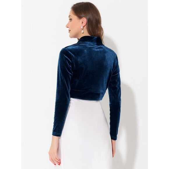 Long Sleeve Velvet Shrug Open Front Cropped Bolero Cardigan Top Dark Blue - Picture 4 of 5